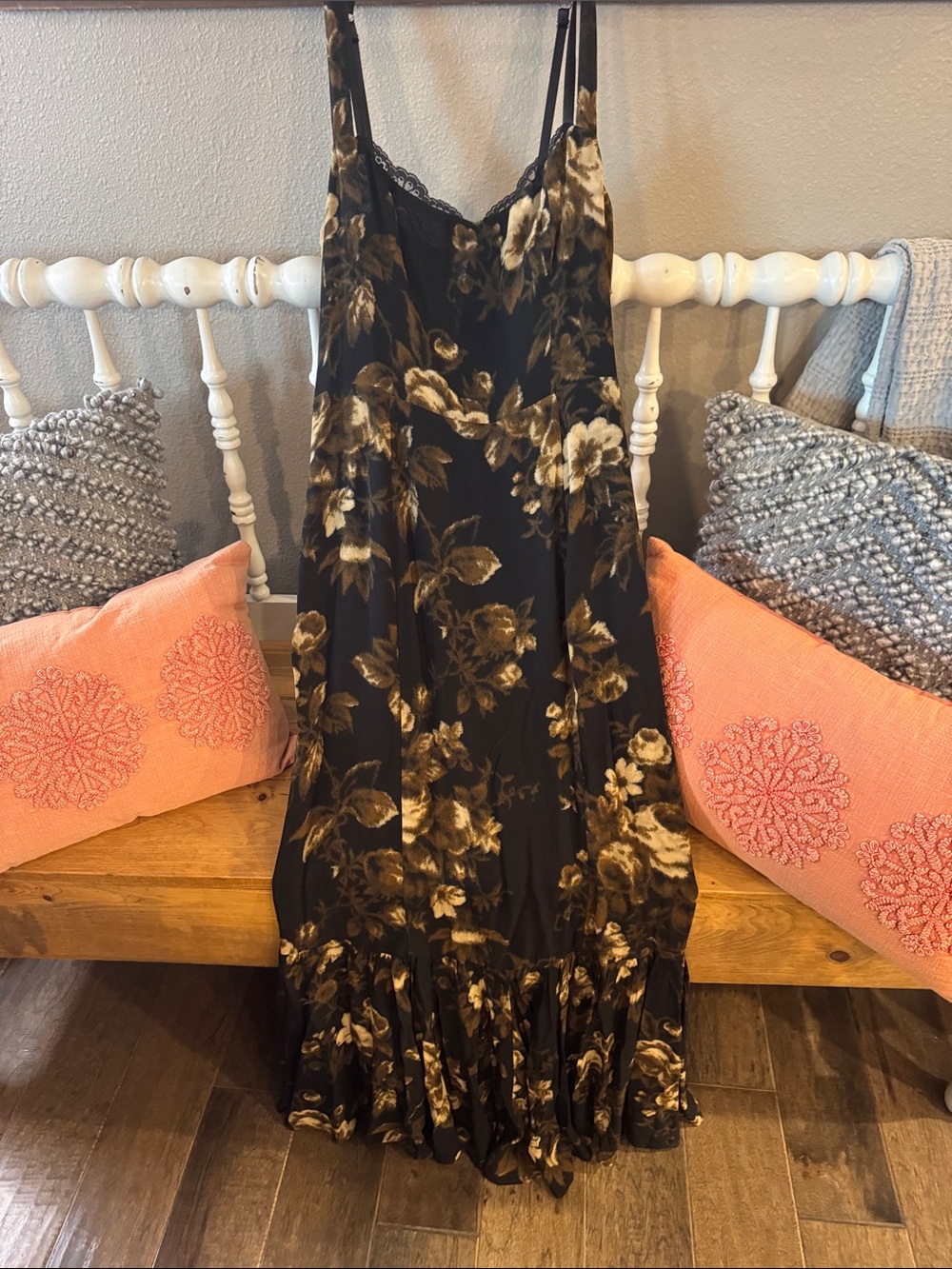 Reformation EXCEPTIONAL CONDITION Black Floral Slip Dress with Ruffle Hem
